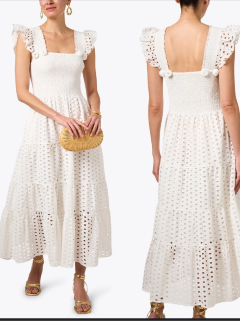 Figue Madi Lace cotton white Eyelet Smocked Midi Dress medium